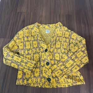 Zara Mustard and Black/Purple Patterned Buttoned Sweater, size small